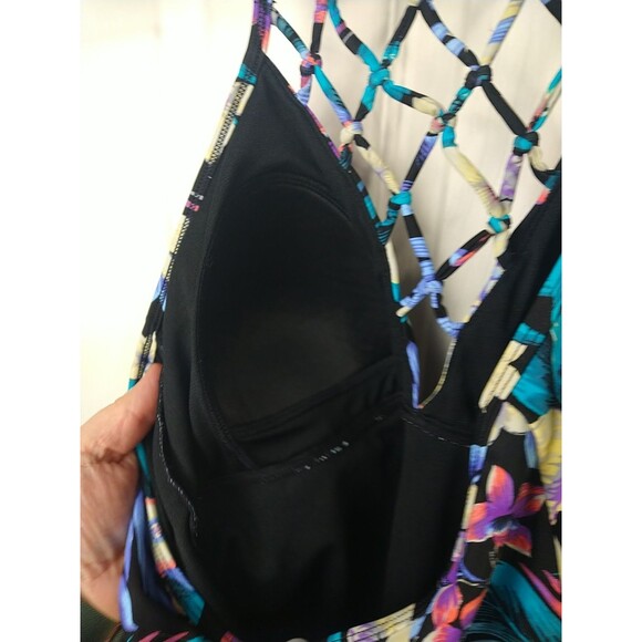 Tahiti Woman's L One Piece Swimwear V Cross Cross Halter Floral Tropical Beachy - Picture 6 of 9